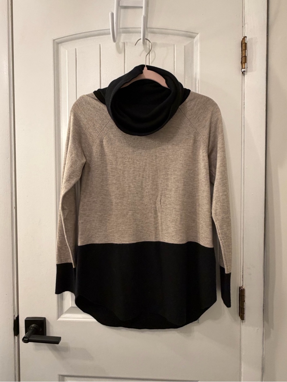 Cyrus Two-Tone Beige and Black Cowl Neck Sweater